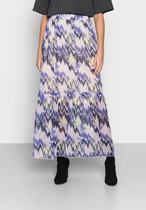 Jupe plissée longueur cheville avec un motif en zigzag dans des tons de violet, rose et jaune. Taille élastique et tissu léger.