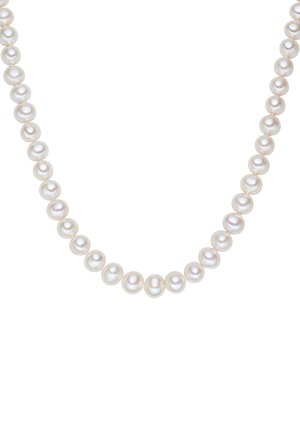 White pearl necklace featuring evenly sized, smooth, round pearls with a shiny finish, strung together to form a classic design.