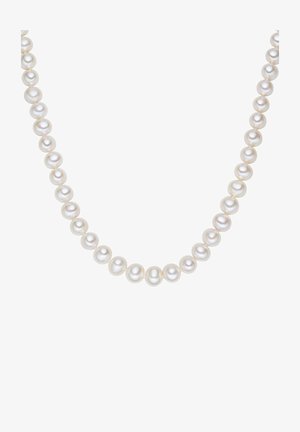 Valkoinen helminauha, joka koostuu tasakokoisista, sileistä, pyöreistä helmistä, joissa on kiiltävä pinta, ja jotka on pujotettu yhteen klassisen muotoilun luomiseksi.