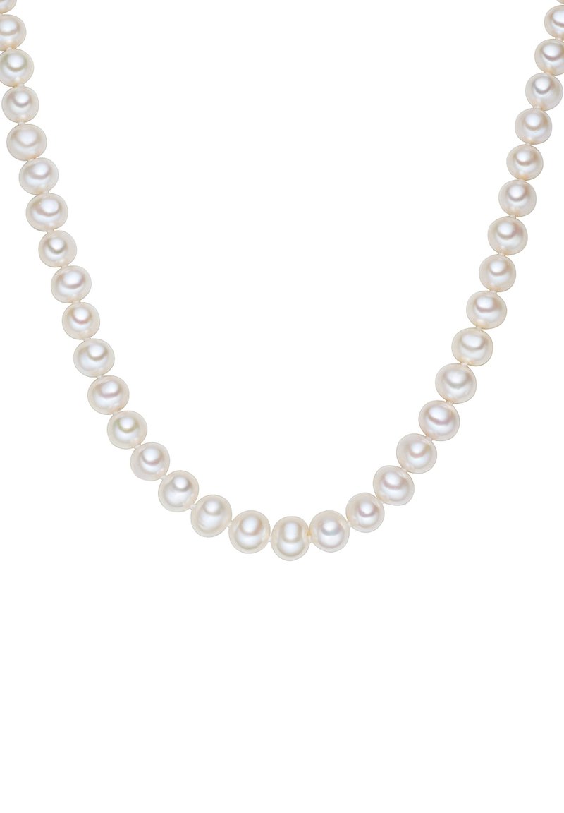 Biała perłowa naszyjnik z równymi, gładkimi, okrągłymi perłami o błyszczącym wykończeniu, nawleczony w klasycznym wzorze.