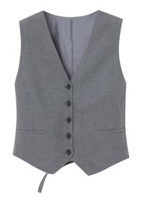 Grå vest med V-hals-design, fem sorte knapper, to forlommer og et bånd bagpå for justerbar pasform. Glat tekstil.