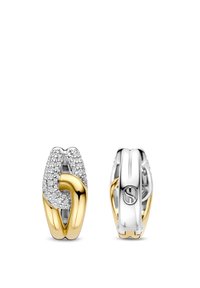 Verknüpfter Ring in Gold- und Silberfarbe mit klaren Kristallakzenten, glatten und strukturierten Oberflächen, die ein doppelt behandeltes Finish und intricate Designdetails zeigen.