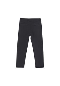 Donkerblauwe broek met een slim fit, vervaardigd uit een gladde stof, met twee achterzakken en een opgerolde zoom. Klassiek ontwerp dat geschikt is voor verschillende gelegenheden.
