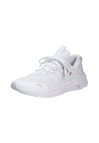 White athletic shoe made of mesh and synthetic materials. Features a flat sole, lace-up design, and subtle rose gold accents.