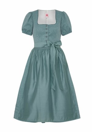 Teal dress with short puff sleeves, square neckline, front button closure, and a waist tie; features a textured bodice and smooth skirt.