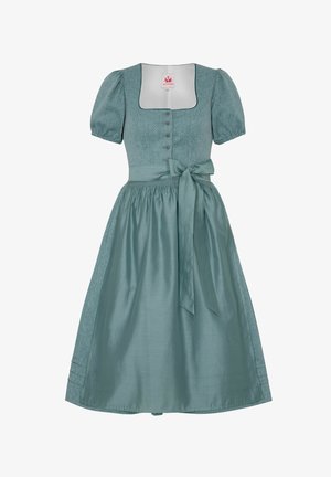 Teal dress with short puff sleeves, square neckline, front button closure, and a waist tie; features a textured bodice and smooth skirt.