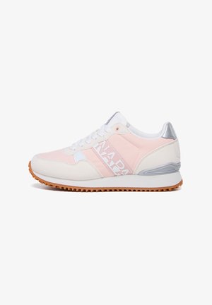 Sneakers featuring a pink and white design with a textured finish, white laces, a silver accent, and a rubber sole with a zigzag pattern.