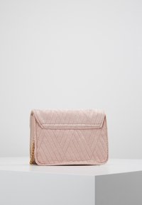 Borsa a mano in tessuto trapuntato rosa con chiusura a scatto, dotata di una tracolla in catena dorata e dettagli a motivo chevron. Forma rettangolare compatta.