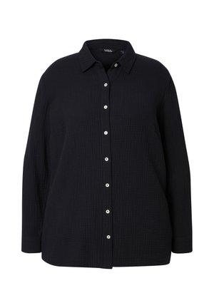 Mørkeblå skjorte med knapper lavet af struktureret stof, med krave, lange ærmer og hvide knapper langs fronten.