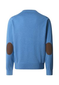 Jasnoniebieski sweter z długim rękawem, z brązowymi owalnymi łatami na łokciach, ściągaczami przy rękawach i u dołu, pokazany od tyłu.