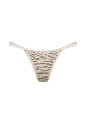 Biancheria intima beige stile perizoma con sottili spalline laterali e motivi astratti a linee ondulate nere sul pannello frontale.