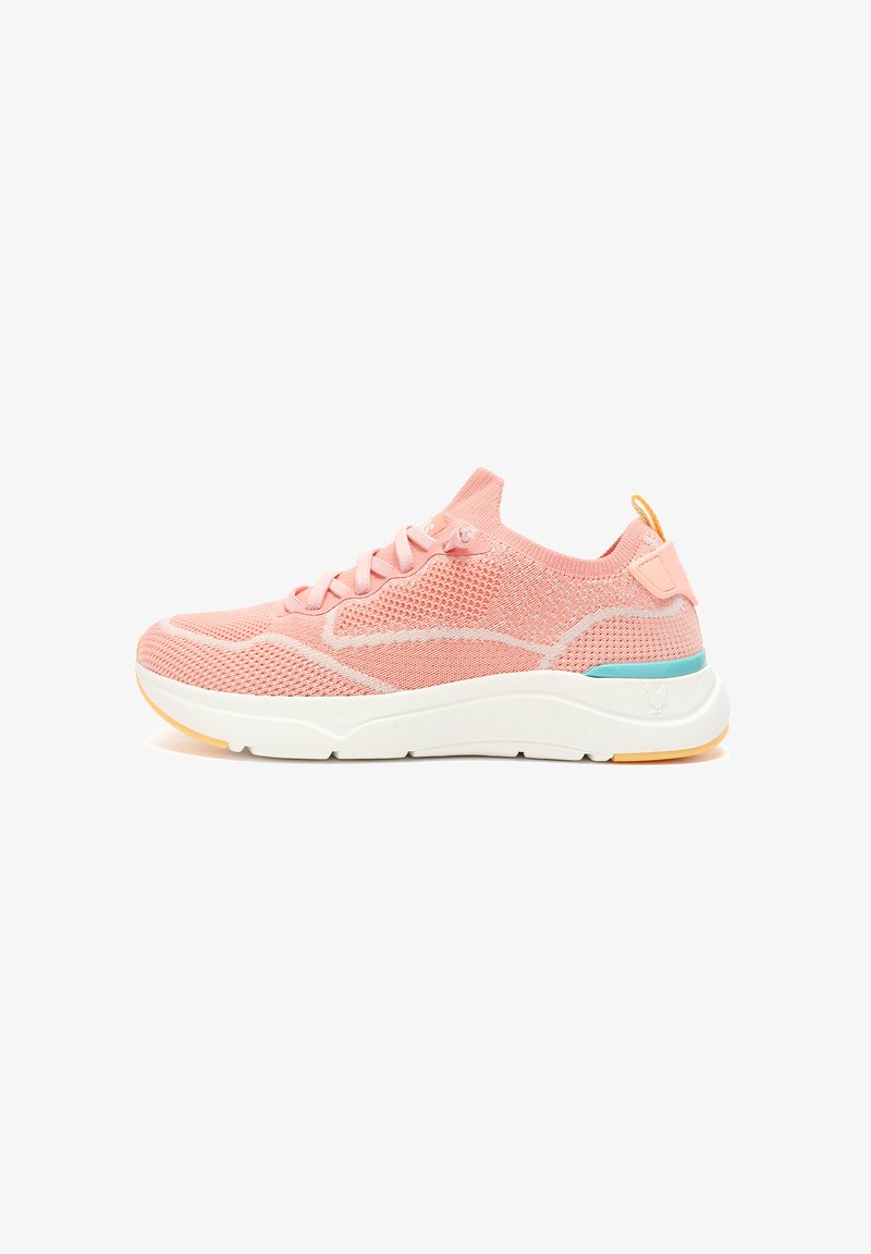 Pink mesh athletic shoe with a white sole, featuring textured patterns, flat laces, and a contrasting turquoise accent at the heel.