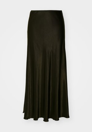 Tamsiai žalia satino medžiagos maksi sijonas; lygus paviršius, platėjantis dizainas su minkštu apatiniu briaunu, pasižymintis minimalistiniu stiliumi be papildomų akcentų.