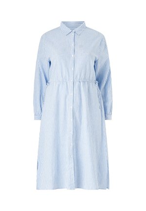 Blue and white striped button-up dress with a collar, long sleeves, elastic waist, and side pockets. Made from lightweight fabric.