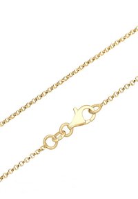 Collana in oro con chiusura a gancio, caratterizzata da piccoli anelli intrecciati e una finitura lucida per una texture morbida.