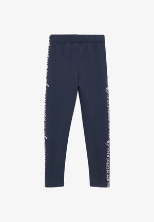 Leggings navy en tissu doux, dotés d'une taille élastique et d'un texte rose sur les côtés qui dit "tu es merveilleux".