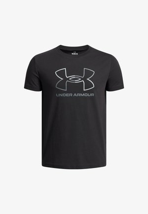 Black cotton short-sleeve t-shirt featuring a large silver Under Armour logo on the front, round neckline, and a straight hem.