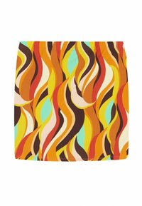 Falda mini con estampado de líneas onduladas en naranja, marrón, amarillo, rosa y turquesa. Cintura elástica y tela ligera.