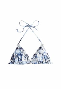 Top bikini triangolo in blu e bianco con motivi floreali, bordi arricciati e lacci regolabili al collo e sul retro. Tessuto setoso.