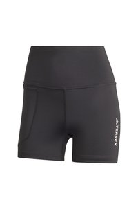 Sorte treningsshorts laget av elastisk stoff, med høy midjebånd, sidelomme og hvit logo nederst til høyre.