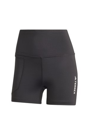 Sorte atletiske shorts lavet af strækbart stof, udstyret med en høj talje, sidelomme og hvidt logo nederst til højre.