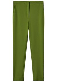 Pantalones ajustados verdes hechos de una tela suave, con un frente plano, bolsillos laterales y un diseño de pierna ajustada. Sin patrones o herrajes visibles.
