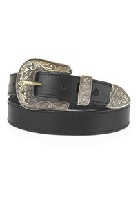 Cinturón de cuero negro con una hebilla de tono plateado ornamentada que presenta grabados florales; incluye una punta y un lazo adornados a juego.