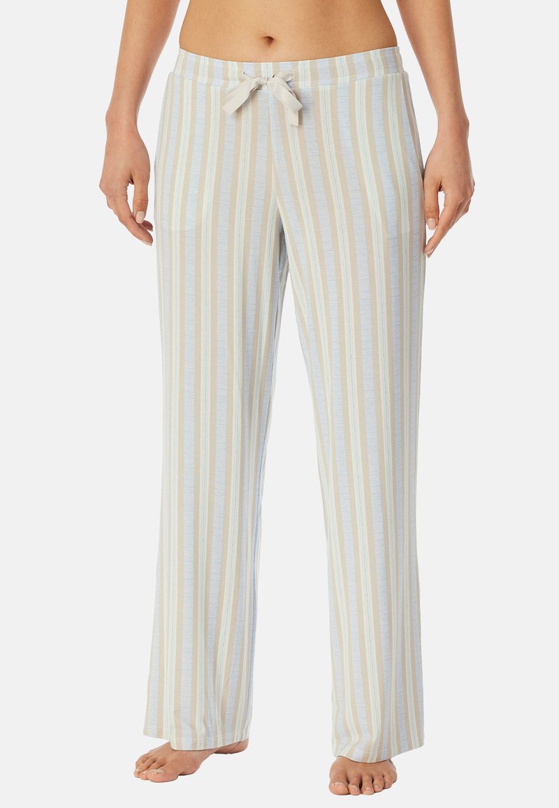 Pantalons de pyjama légers à rayures verticales en beige doux et bleu clair. Dotés d'une taille à cordon de serrage et d'un design à jambes larges.
