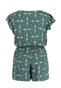 Groene romper met patroon, korte mouwen en een gesnoerde taille. Heeft een geometrisch ontwerp in lichtroze en crème. Zachte stoftextuur.