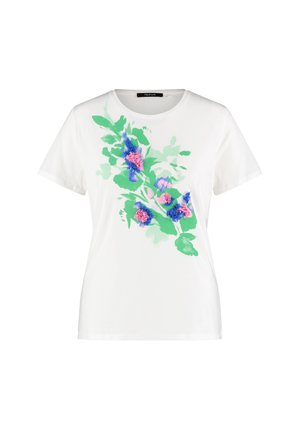 Taifun KURZARM RUNDHALS MIT BLÜTEN-APPLIKATION - Print T-shirt - offwhite gemustert