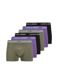 Fünferpack Boxershorts in einer Mischung aus olivgrün, lila und schwarz, mit elastischen Taillenbändern, die "JACK & JONES" beschriftet sind. Aus Baumwollmaterial.