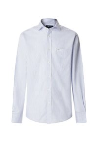 Chemise boutonnée avec col classique, tissu blanc à rayures verticales bleues, poche poitrine unique et manches longues.