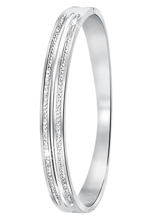 Bracelet jonc argenté avec deux rangées parallèles de petites pierres claires étincelantes incrustées sur sa surface extérieure.