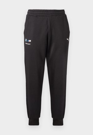 Juodos Puma sportinės kelnės su BMW Motorsport ir Puma logotipais, elastinga liemuo, kišenės ir surišti kulkšnys.