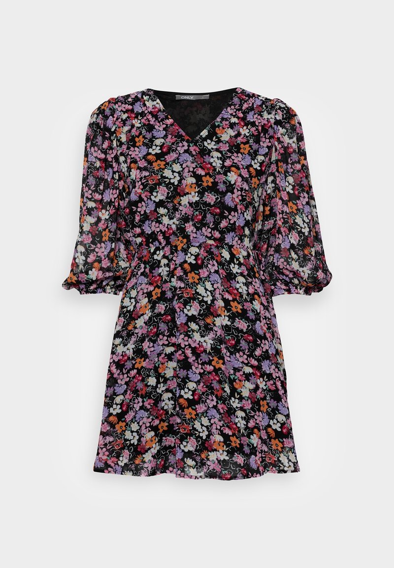 Kurzärmeliges schwarzes Blumenkleid mit V-Ausschnitt, das mehrfarbige Blumenmuster und eine taillierte Passform bietet, aus leichtem Stoff gefertigt.