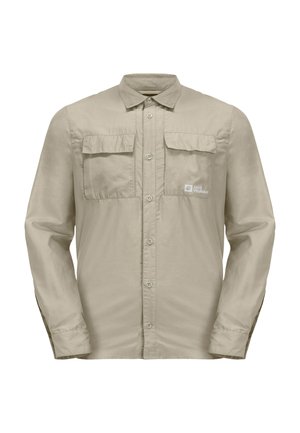 Beige langartigheid shirt gemaakt van lichtgewicht stof, met twee voorzakken, knoopsluiting en logo op de linkerborst.