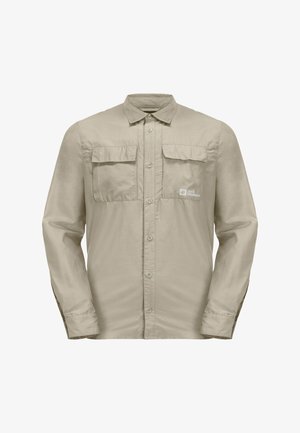 Beige langartigheid shirt gemaakt van lichtgewicht stof, met twee voorzakken, knoopsluiting en logo op de linkerborst.