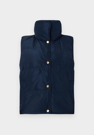 Navy sleeveless puffer vest with high collar, gold snap buttons, and side pockets. Made of smooth, lightweight material.