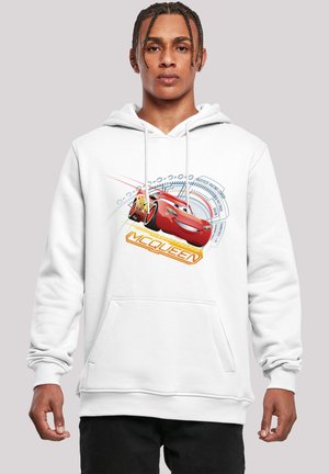 White hoodie featuring a graphic of a red car, Lightning McQueen, with colorful accents and a dynamic background pattern. Front kangaroo pocket.