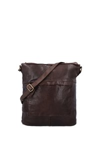 Borsa a spalla in pelle marrone con finitura texture, tracolla regolabile e tasca frontale. Forma rettangolare, cuciture resistenti e accessori in metallo.