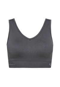 Sujetador deportivo gris sin costuras con diseño de escote en V, tirantes anchos y banda elástica con un logo. Tejido texturizado para mayor comodidad y soporte.