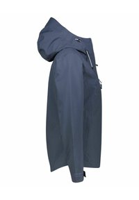 Marinblå vattentät jacka med huva, dragkedjeslutning och justerbara snoddar. Har långa ärmar och en slät yta.