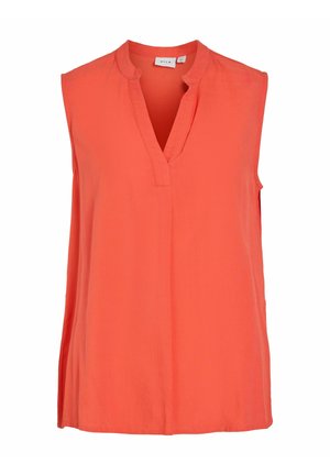 Bez piedurknēm korallkrāsas blūze ar V veida izgriezumu un gludu audumu. Iekļautas sānu šķēlumi ērtai kustībai un brīvam piegriezumam.