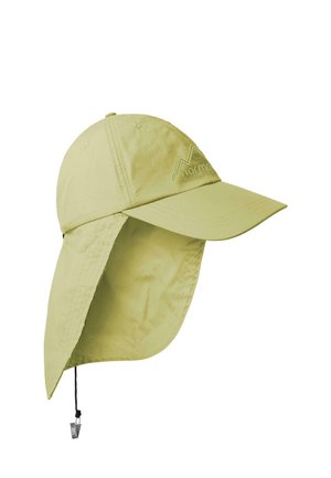 Hellgrüne Outdoor-Kappe mit Nackenschutz und verstellbarem Kinnriemen, mit gebogenem Schirm und gesticktem Logo vorne.