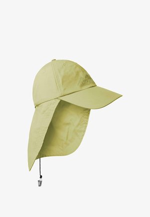 Hellgrüne Outdoor-Kappe mit Nackenschutz und verstellbarem Kinnriemen, mit gebogenem Schirm und gesticktem Logo vorne.