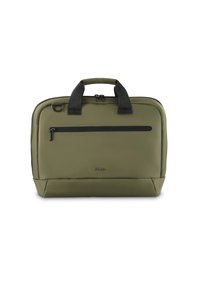 Olivgrünes rechteckiges Laptop-Tasche mit schwarzen Griffen, einer vorderen Reißverschlusstasche und einem kleinen Metall-Logo in der unteren Mitte der Vorderseite.