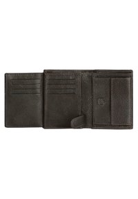 Billetera de cuero marrón oscuro con un acabado texturizado, que cuenta con múltiples ranuras para tarjetas, un compartimento para billetes y una solapa de cierre a presión.