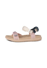 Adjustable sandals with pink and cream straps and dark blue accents. Soft footbed with "NATURAL SOFT" embossed. Lightweight rubber sole.