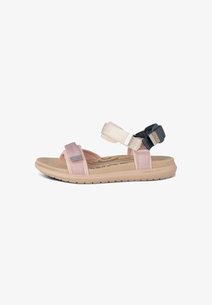 Adjustable sandals with pink and cream straps and dark blue accents. Soft footbed with "NATURAL SOFT" embossed. Lightweight rubber sole.