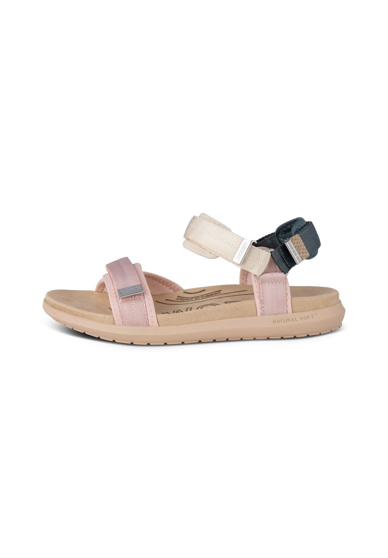 Adjustable sandals with pink and cream straps and dark blue accents. Soft footbed with "NATURAL SOFT" embossed. Lightweight rubber sole.